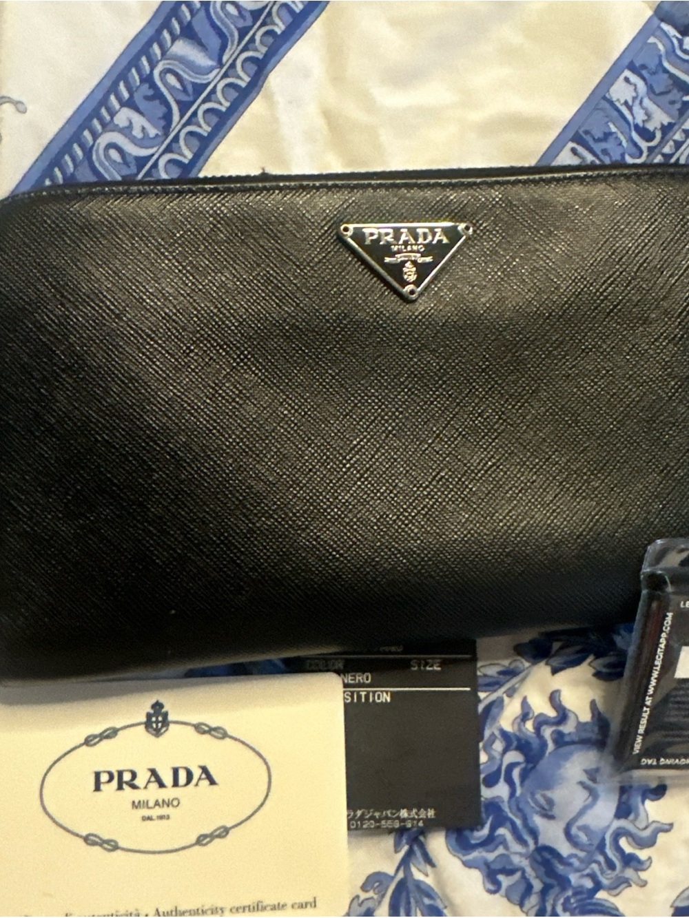 Prada Saffiano Leather Zip-Around Wallet Black Nero with Card and COA